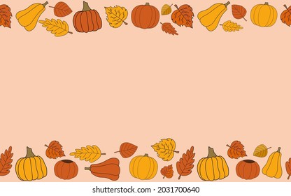 Feliz vector otoño otoño marco de patrón sin fisuras en el fondo inicial. Modalidades de calabazas y hojas de otoño.