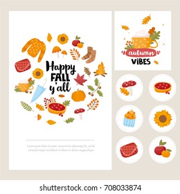 Happy Fall Y'all card set. Tags, stickers, poster for printing. Autumn vibes. Illustration with hand written text. Different elements of autumn. Thanksgiving Day.