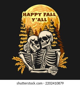 Happy Fall Y'all with Couple Skull. Halloween Background. Halloween T shirt Design.