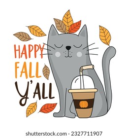 Happy Fall Y'all - slogan divertido con gato dibujado a mano y hojas de calabaza y picante. Es bueno para la impresión de camisetas, afiche, tarjeta de saludo, etiqueta y otra decoración.