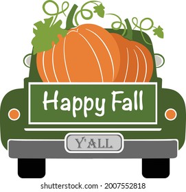 Happy fall y'all, old truck with orange pumpkins on the platform 