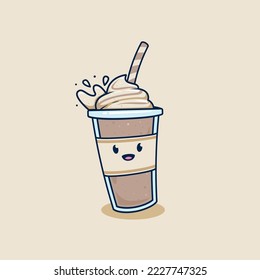 happy falling chocolate milkshake in takeaway cup with whip cream topping illustration. dropped with splash frappe coffee in plastic cup illustration mascot cartoon character