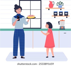 Feliz cocina familiar en la Ilustración vectorial de la cocina. Mamá toma la foto de la torta de cumpleaños. Mujeres preparando postre festivo, pasando tiempo juntas. Madre con smartphone haciendo la imagen de la hija