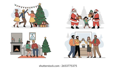 Happy families celebrating winter holidays together with festive decorations and gifts
