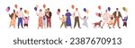 Happy families with children with balloons. Parents and kids holding baloons on strings, walking, celebrating holiday, birthday together. Flat graphic vector illustrations isolated on white background