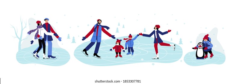 Happy families, children and couples skating on ice rink. Dad and Mum teach their Children to skate and help them not to fall. A men and women are Dancing on Ice, man hugs his partner and she feels sa