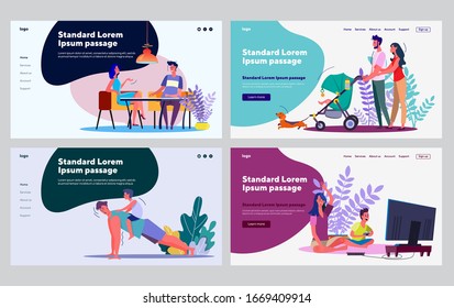 Happy families collection. Young couple dating, walking with stroller, exercising. Flat vector illustrations. Leisure, activity, time together concept for banner, website design or landing web page