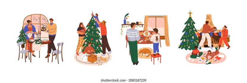 Happy families and couples at Christmas eve, decorate Xmas trees and fireplace, cooking gingerbread for New Year. Preparation for winter holidays. Flat graphic vector illustrations isolated on white