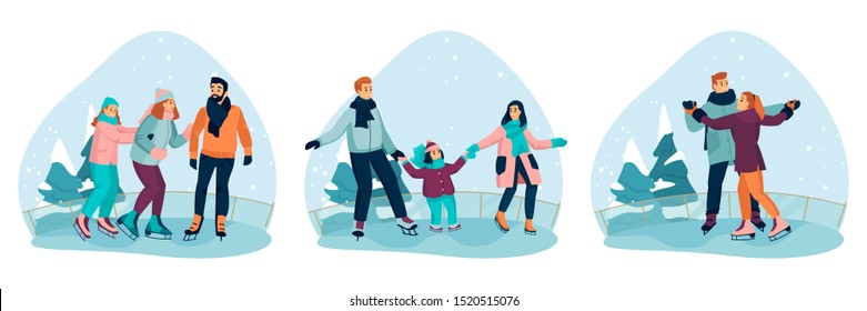 Happy families and couples skating on ice rink. Vector flat cartoon illustration of winter outdoor fun activities. Seasonal holiday banners or labels set.