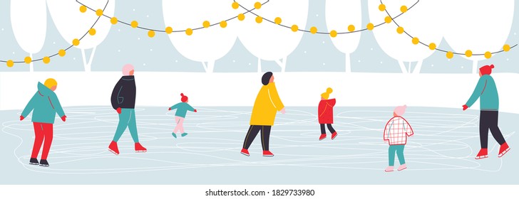 Happy families and couples skating on ice rink. Christmas and Happy New Year. Vector flat cartoon illustration of winter outdoor fun activities. Holiday banners or labels.
