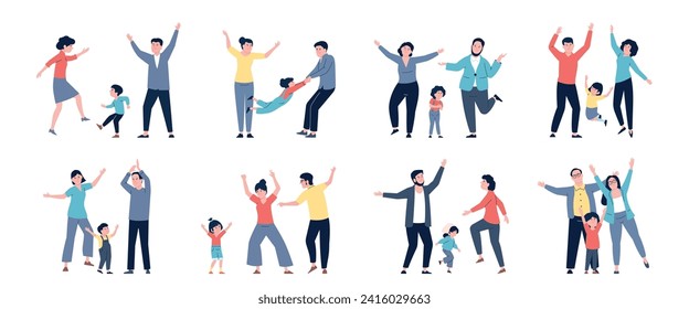 Happy families dancing together. Children and parents activities, celebrating party or home disco time. Mother father and kid dance recent vector set