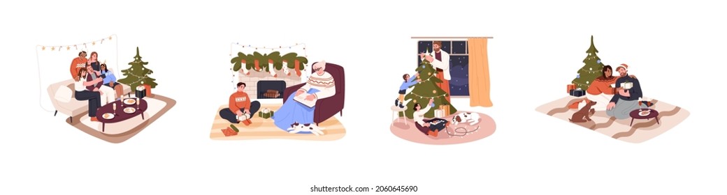 Happy families during preparation for Christmas and New Year holidays at home. Set of people at dinner, at fireplace, decorating Xmas fir. Colored flat vector illustration isolated on white background