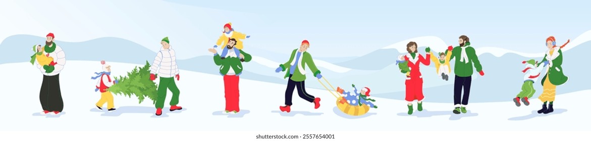 Happy families enjoying a winter day in the snowy mountains. The scene shows parents and children dressed in warm, colorful clothing, sharing cheerful moments outdoors. Some carry a Christmas tree