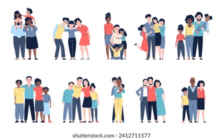 Happy families flat characters. Traditional family various ages, mother, father and children. Toddlers and teenagers with parents, recent vector set