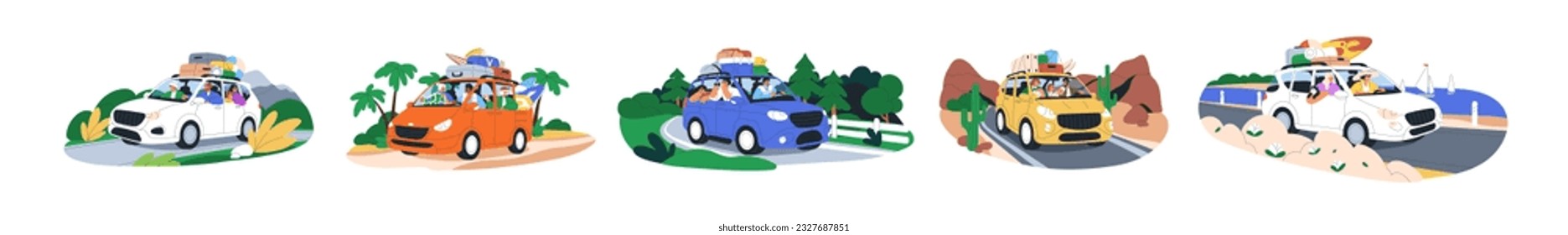 Happy families, friends travel by car, van. Road trip, journey on summer holiday set. People in auto adventure, driving to sea, nature at weekend. Flat vector illustration isolated on white background