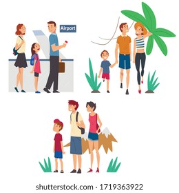 Happy Families Going on Summer Vacation Set, Tourists Travelling with Backpacks and Suitcases Vector Illustration