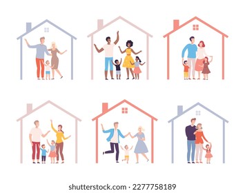 Happy families at home set. House frames with parents and kids inside flat vector illustration