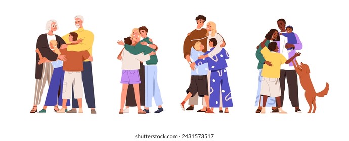 Familias felices abrazándose. Padres e hijos abrazando el set. Concepto de reunión. Mamá, papá, hijos, abuelita, abuelo, mascota abrazándose juntos, apoyando. Ilustraciones vectoriales planas aisladas sobre fondo blanco