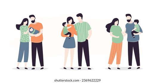 Happy families isolated on white background. Set of parents and kids embrace with love. Mothers, fathers, children cuddle. Bonding relationship concept. Family portrait. flat vector illustrations