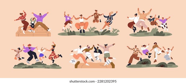 Happy families jumping from joy, fun. Funny joyful parents and kids together. Active excited mothers, fathers, children laughing, positive emotions. Isolated flat graphic vector illustrations set