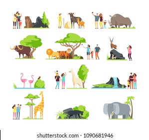 Happy families, kids with parents and wild zoo animals in wildlife park. Vector cartoon set isolated on white background. Illustration of giraffe and bird, bear and panther