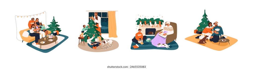 Familias felices con los niños que se preparan para las Navidades y el año Nuevo, vacaciones de invierno establecido. Personas decorar el abeto, regalos de navidad, tomar fotos juntos. Ilustraciones vectoriales aisladas planas en blanco