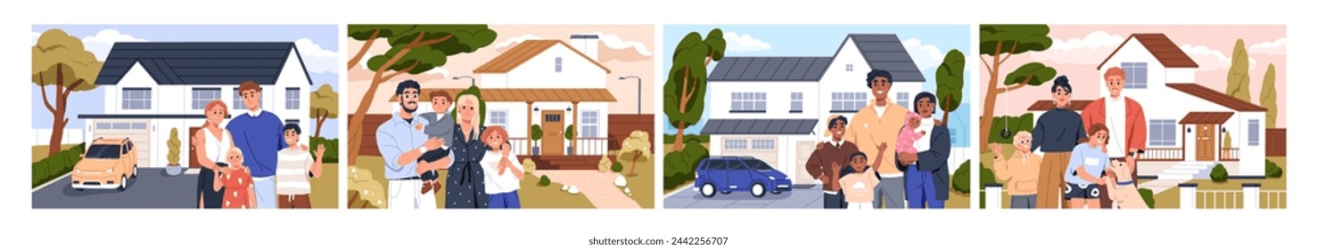 Happy families with kids standing in front of new houses. Smiling parents and children, portraits outside homes, maisons. People and property, real estate, mortgage. Flat vector illustrations