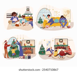 Happy families with kids at winter holiday eve at home. Merry people decorating Xmas tree, wrapping Christmas gifts, cook in the kitchen together. Flat vector illustrations isolated on white 