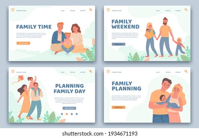 Happy families landing pages. Active parents and child on vacation. Website for family planning, healthy life and leisure time vector set