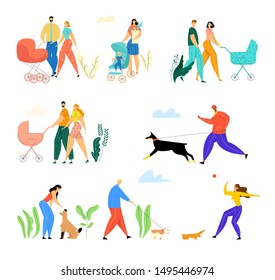 Happy Families with Little Kids and Owners with Pets Walking Outdoors on Street. Couple with Babies Spend Time Together. People Playing with Dogs in Public City Park. Cartoon Flat Vector Illustration