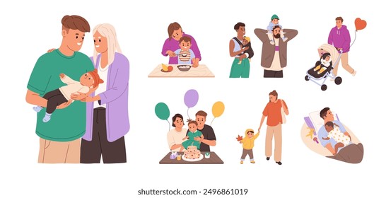 Familias felices con niños pequeños. Los padres jóvenes y los niños pasan tiempo juntos: caminar, jugar, divertirse, celebrar las vacaciones. Madre y padre aman al bebé. Ilustraciones vectoriales aisladas planas en blanco