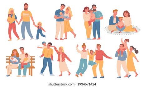 Happy families. Parent and kid walk, hug, read and play together. Mother with baby, father, son and daughter. Trendy flat family vector set