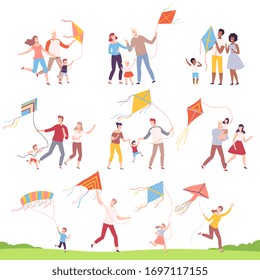 Happy Families Playing Kites Collection, Mothers, Fathers and their Kids Launching Kite at Festival, Outdoor Recreational Activities Vector Illustration