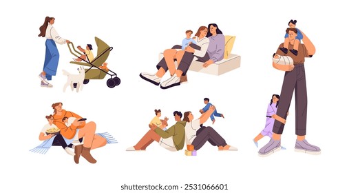Happy families set. Parents love their kids, spend time together. Mothers and fathers play, have fun with children. Young mom with baby carriage. Flat isolated vector illustrations on white background