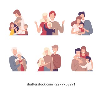 Happy families set. Smiling parents and kids hugging r flat vector illustration