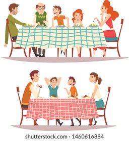 Happy Families Sitting at Kitchen Table with Checkered Tablecloth Set, Eating Food and Talking to Each Other, Happy Parents and Children Eating Together Vector Illustration