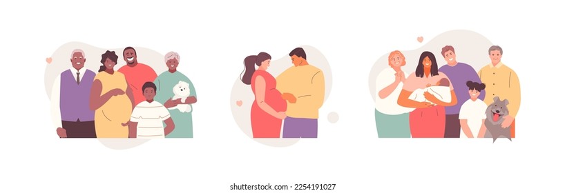 Happy families together set. Children and parents, grandparents, mom, Dad. Family Day. Love and support vector characters