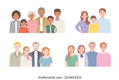 happy families. Various generations are gathering and smiling. flat design style vector illustration.