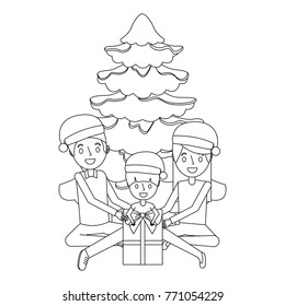 happy familiy the parents and child with christmas tree and gift