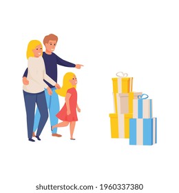 Happy familiy and present boxes flat isolated vector illustration