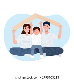 Happy familly holding roof mockup over their heads. Vector