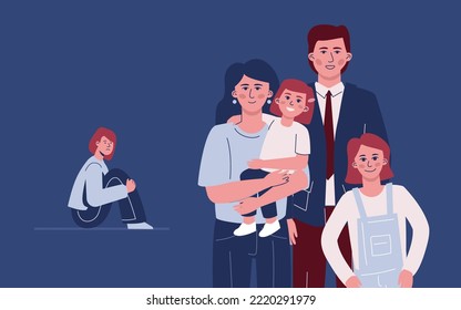 A happy family and an abandoned ignored teenage child, a symbol of a scapegoat. A separated child from an old marriage and a new mother's family.
