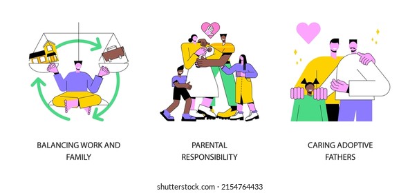 Happy Family Abstract Concept Vector Illustration Set. Balancing Work And Family, Parental Responsibility, Caring Adoptive Fathers, Social Roles, Foster Care, Time Management Abstract Metaphor.