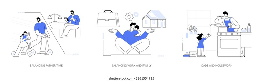 Happy family abstract concept vector illustration set. Balancing father time, work and family balance, dads and housework, time together, chores at home, time management abstract metaphor.