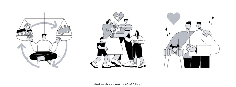 Happy family abstract concept vector illustration set. Balancing work and family, parental responsibility, caring adoptive fathers, social roles, foster care, time management abstract metaphor.