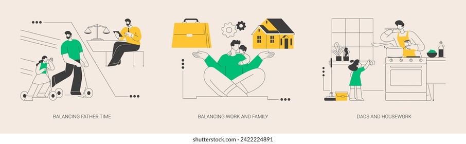 Happy family abstract concept vector illustration set. Balancing father time, work and family balance, dads and housework, time together, chores at home, time management abstract metaphor.