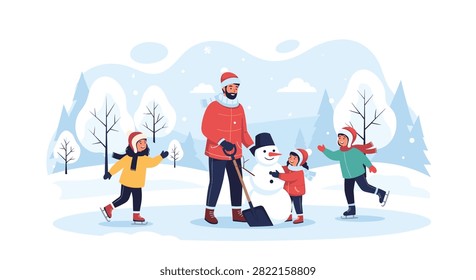 Happy family with active young children building a snowman and having fun in the snowy winter forest park on weekend.