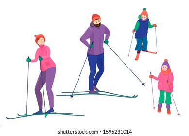 Happy family actively spend the weekend. Mom, dad and two children cross-country skiing in the forest or park. Winter sports. Characters stand isolated on a white background.