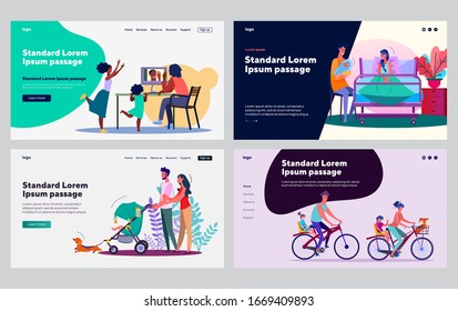 Happy family activities set. Parents and children walking, riding bikes, soothing baby. Flat vector illustrations. Leisure, child care concept for banner, website design or landing web page