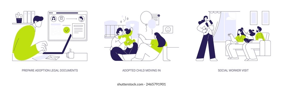 Happy family with adopted child abstract concept vector illustration set. Prepare adoption legal documents, adopted child moving in, social worker visit, government representative abstract metaphor.